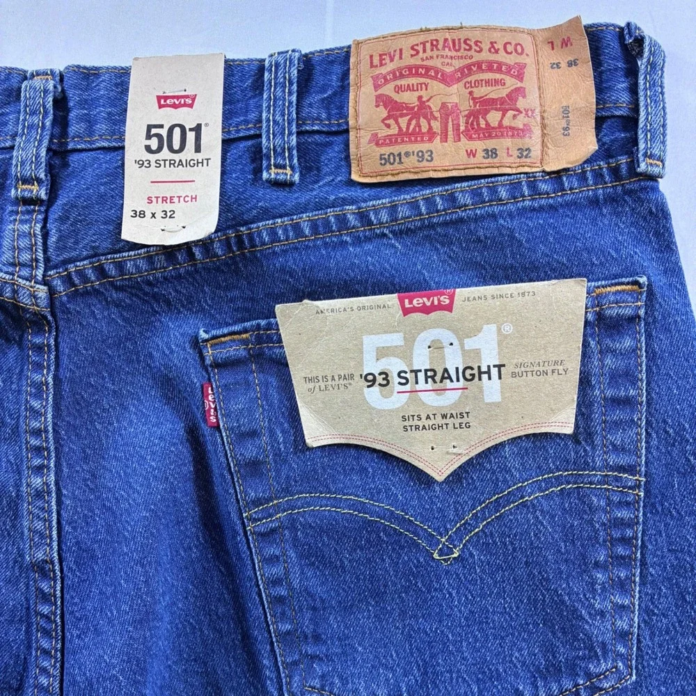 Levis 501 93 Straight Jeans Mens 38x32 Blue Stretch Denim Button Fly New